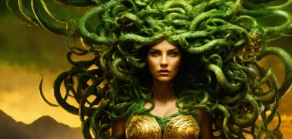 Had slangen in plaats van haar. (6)