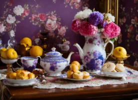 Uitgebreide theetafel met zoete en hartige lekkernijen. (4.3)