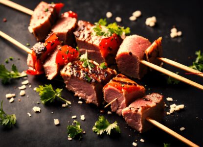 Grieks gerecht van aan een spies geregen gegrilde stukjes vlees (8)