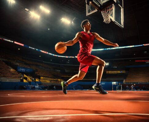 Hoge sprong bij basketbal waarbij de bal van bovenaf in de basket wordt geworpen. (4) letters