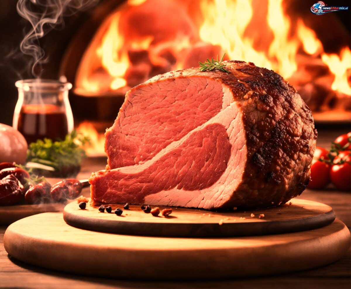 De bende braadt er varkensvlees in. (9)