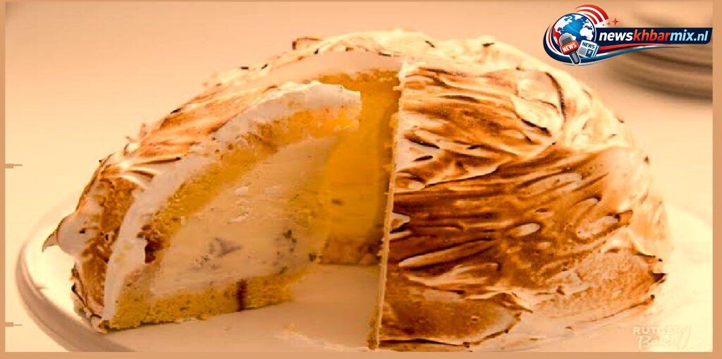 Dit nagerecht bestaat uit cake, ijs en opgeklopt eiwit. (10)